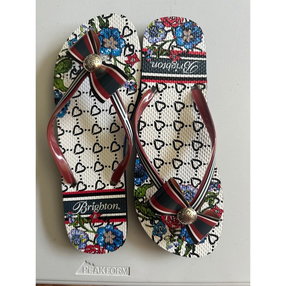 Brighton Shoes - Brighton Entice Floral Heart Striped Bow Flip Flop Sandals Womens 10
